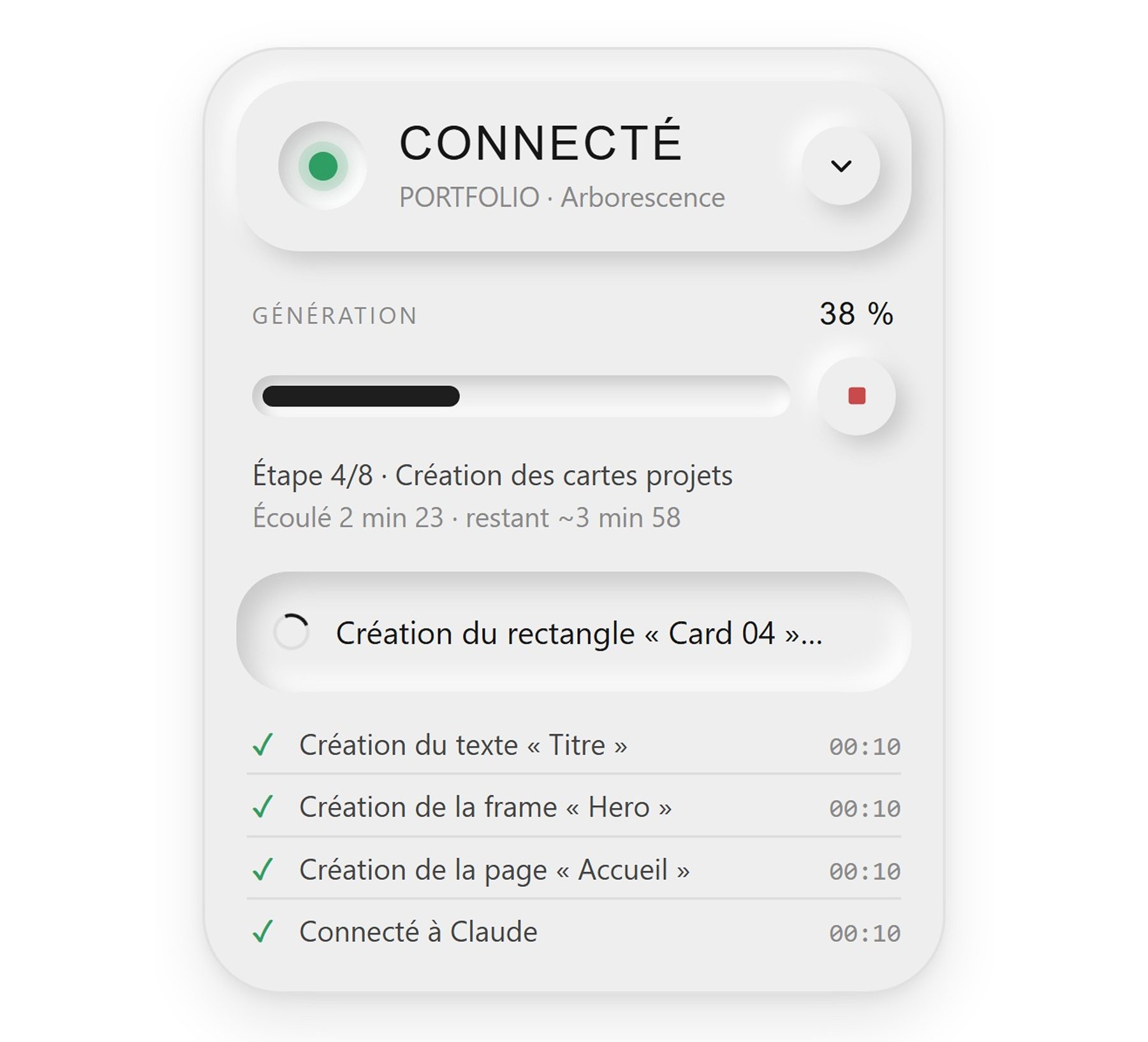 Le plugin pendant une génération : étape 4 sur 8, temps restant, action en cours et historique