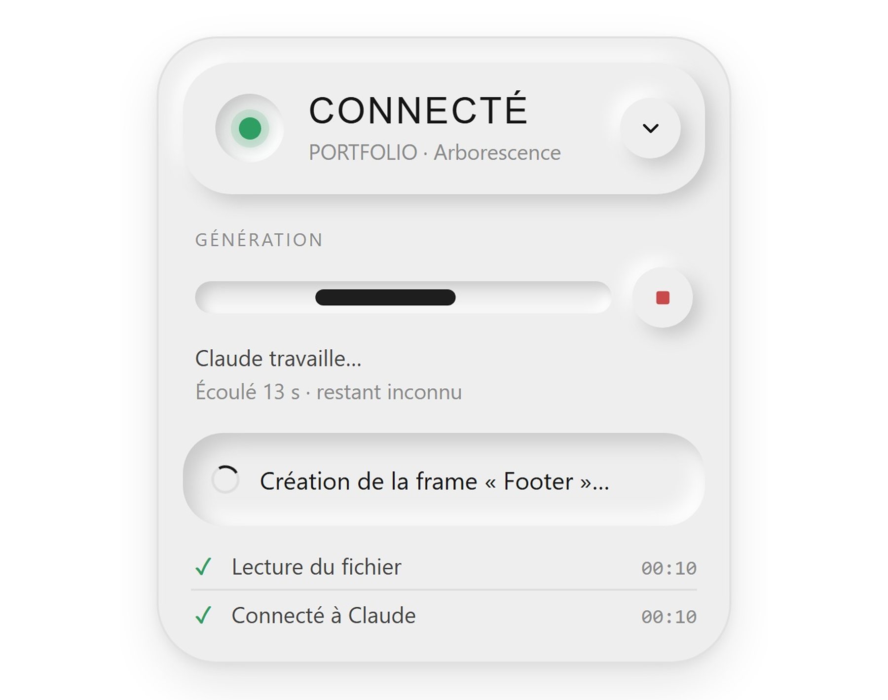 Claude travaille : création de la frame « Footer », temps restant inconnu